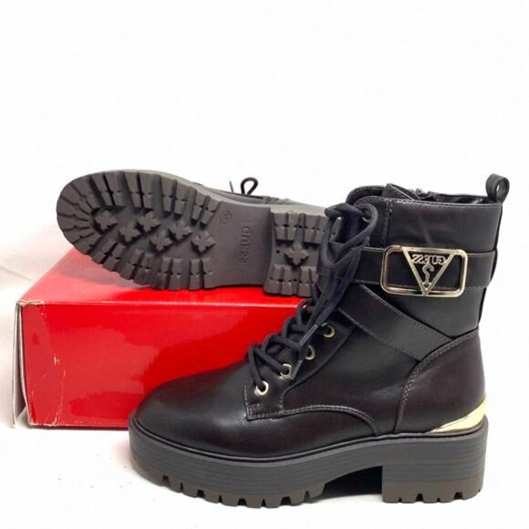 GUESS Flat Combat Booties Dark Brown Faux Leather GFFINLEES Heel Size Women's - Picture 2 of 9